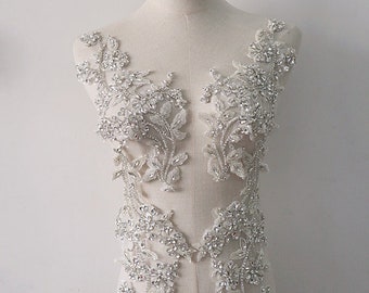 silver rhinestone applique, crystal beaded lace applique pair, handmade  silver beaded applique for bridal sash headpiece bodice accessories