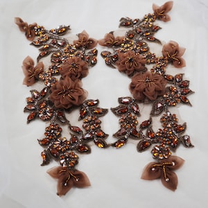 Applique in strass color caffè 3D, toppe in pizzo con fiori 3D fatti a mano con perline per accessori da sposa, colletto, spalla e corpetto