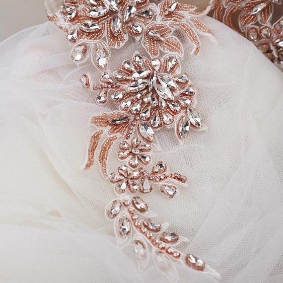 Rose Gold Jeweled Organza Sash Rose Gold Exquisite Rhinestone Applique, Crystal Beaded Lace  main image 4