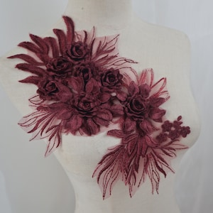 dark red 3D Lace Applique, deep red burgundy 3d flowers sequins beaded lace applique for Lyrical Dance, Ballet, Couture Gowns supplies