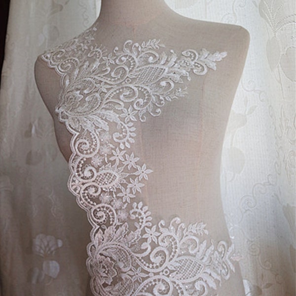 delicate ivory white lace trim, embroidered French lace trim applique for bridal lace bolero sash shoulders bodice hem wedding accessories