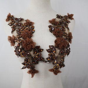exquisite 3D brown rhinestone applique, coffee crystal beaded lace collar applique for bridal sash shoulders bodice wedding accessories