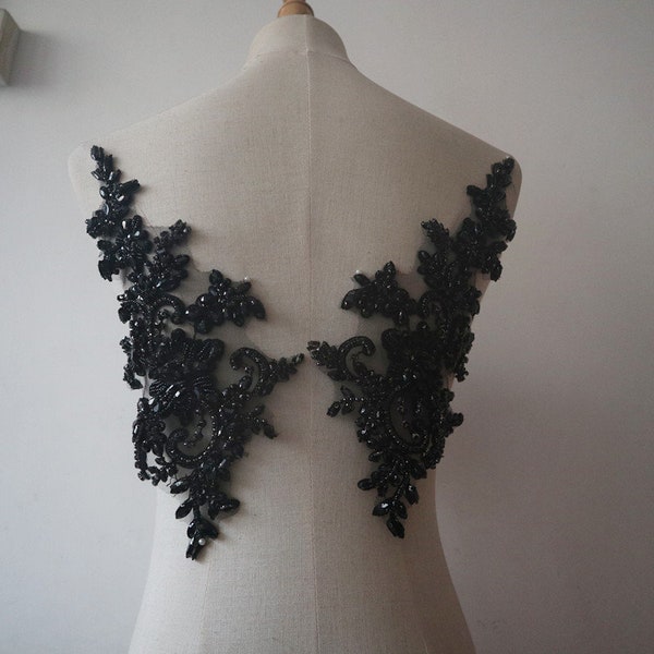 Black rhinestone applique, crystal beaded sewing motif lace silver beaded applique for bridal wedding accessories