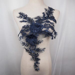 Navy blue 3D Lace Applique, dark blue flowers beaded lace 3d patches DIY for Lyrical Dance, Ballet, Couture Gowns supplies