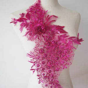 Hot Pink 3D Flowers Appliques, Sequin Beaded and Embroidered Lace Patches for Lyrical Dance, Ballet, Couture Gowns sewing supplies