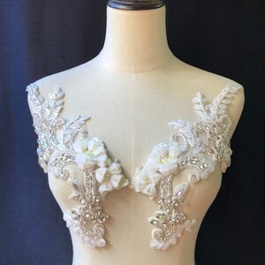 Par de apliques de strass prateados com flores 3D, apliques de renda com lantejoulas para faixa de ombro de noiva, corpete, acessórios de casamento