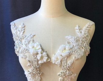 3D flowers silver rhinestone applique pair, sequins beaded lace applique for bridal sash shoulders bodice wedding accessories