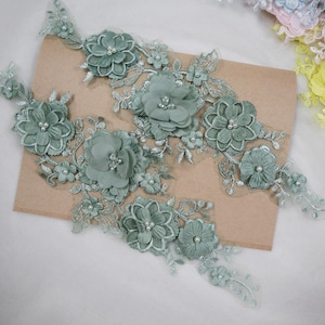 Green 3D flowers lace applique, hand sewed alencon cord lace applique for bridal sash shoulders bodice hem wedding accessories