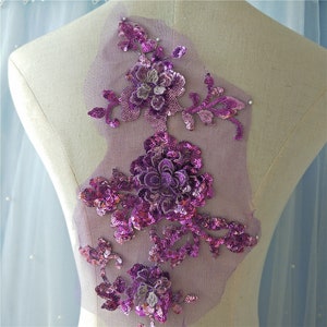 dark purple 3D Lace Applique, sequins embroidered 3D applique patches for collar bodice sash Lyrical Dance Ballet Couture Gowns supplies