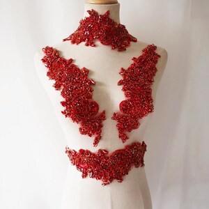 Exquisite Red Rhinestone Applique, Crystal Beaded Lace Applique Pair ...