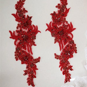 Deluxe Red Rhinestone Applique Pairs, Crystal Beaded Motif Lace Flower ...