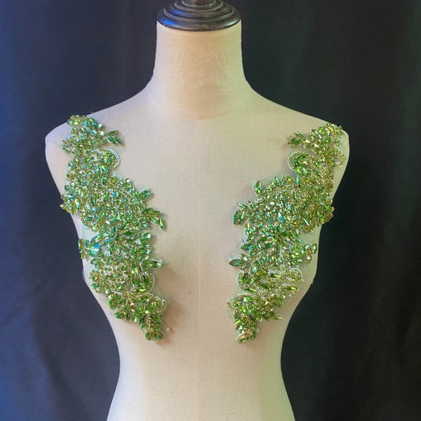 bling exquisite green handmade rhinestone applique, sparkly crystal beaded lace applique pair for bridal sash headpiece bodice accessories