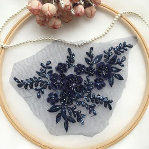 dark blue beaded Lace Applique, embroidered lace for collar bodice sash Lyrical costume Dance Ballet Couture Gown supplies DZ1037#
