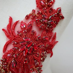 Deluxe Red Rhinestone Applique Pairs, Crystal Beaded Motif Lace Flower ...