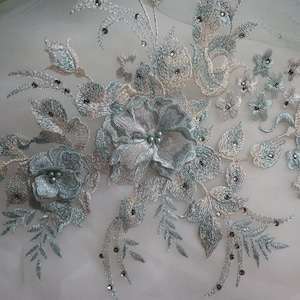 light blue 3D Lace Applique , dusty blue Beaded and Embroidered lace flowers for Lyrical Dance, Ballet, Couture Gowns sewing supplies
