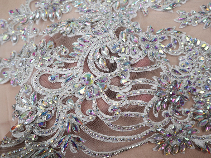 Silver AB rhinestone appliques V collar bodice applique lace | Etsy