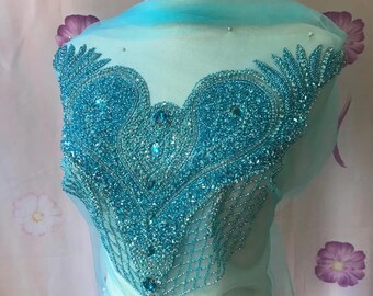 handmade french beaded applique, Turquoise blue front bodice V collar applique, sweerheart motif lace applique for bridal wedding gown