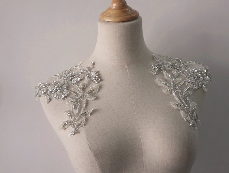 Silver Rhinestone Applique Crystal Beaded Lace Applique Pair Etsy