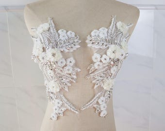 Perles blanches strass appliqué, motif de perles de cristal fait main dentelle paire de patchs de col pour ceinture de mariée épaules corsage accessoires de mariage