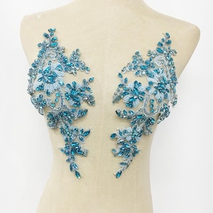 Turquoise blue Rhinestone Applique, crystal beaded sewing motif lace silver beaded applique for bridal wedding accessories
