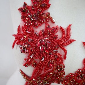 Deluxe Red Rhinestone Applique Pairs, Crystal Beaded Motif Lace Flower ...