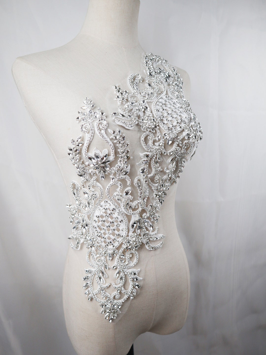 FINGERINSPIRE Applique Strass Cristal 220x65mm - Patch Feuilles Fleurs Robe Mariée Couture