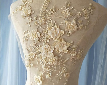 light champagne 3D Applique, 3D flowers sequins lace fabric patches for bridal sash shoulders bodice wedding accessories Embellishment
