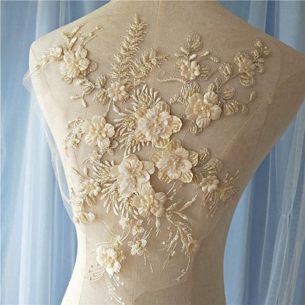 light champagne 3D Applique, Navy 3D flowers sequins lace fabric for bridal sash shoulders bodice wedding accessories Embellishment YA1009