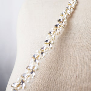 Gold/ Silver thin rhinestone trim, crystal pear beaded trim, rhinestone applique for bridal sash/ gown straps/ bridesmaids belt/hairband
