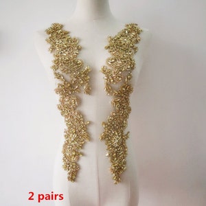 super exquisite silver handmade rhinestone applique, gold crystal beaded lace applique pair for bridal sash headpiece bodice accessories