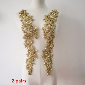 super exquisite silver handmade rhinestone applique, gold crystal beaded lace applique pair for bridal sash headpiece bodice accessories