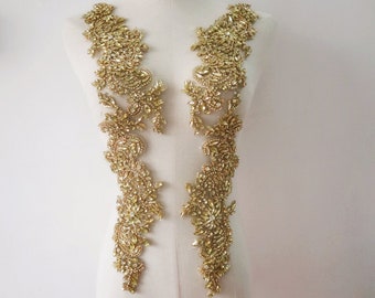 super exquisite silver handmade rhinestone applique, gold crystal beaded lace applique pair for bridal sash headpiece bodice accessories