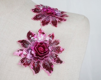 3pcs appliques de dentelle de fleurs 3D rose fushcia, patchs brodés de paillettes pour robes de couture de ballet de danse lyrique fournitures robe de mariée 8 cm