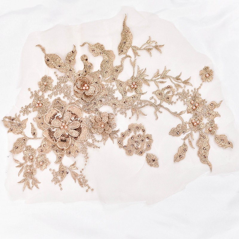 Gold 3D flowers Applique rose gold embroidery beaded lace Etsy