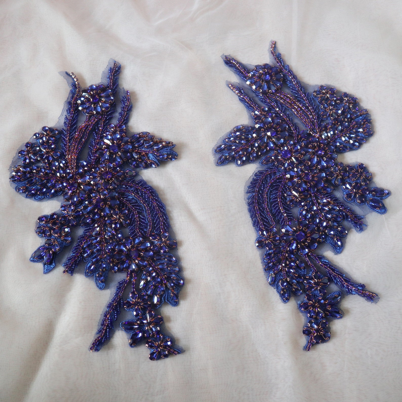 Royal Blue Rhinestone Applique Crystal Beaded Motif Lace Pair Etsy