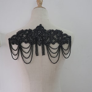 deluxe Black rhinestone applique, tassels beading applique, shoulder collar bodice lace applique for bridal wedding gown embellishment