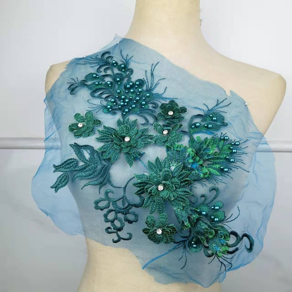 Green 3D Lace Applique, emerald green beaded shoulder applique for collar bodice sash Lyrical Dance Ballet Gowns supplies Embellishment