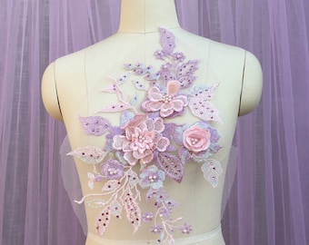 purple with pink 3D flowers lace applique, 3D lace beaded applique for for Lyrical Dance, Ballet, costume dress, Couture Gowns accessories