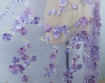 purple 3D flower lace fabric, pink / ivory white 3D flowers beading embroidery lace applique for bridal wedding fabric supplies accessories