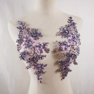 Lilac purple &pink rhinestone applique, crystal beaded sewing motif lace silver beaded applique for bridal wedding accessories