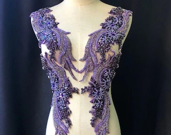 exquisite purple rhinestone applique, 3d crystal beaded motif lace collar applique for bridal sash shoulders bodice wedding accessories