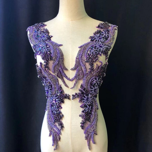 exquisite purple rhinestone applique, 3d crystal beaded motif lace collar applique for bridal sash shoulders bodice wedding accessories