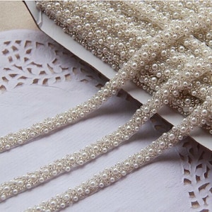silver & ivory pearl beaded lace trim beads trimming for sash, headband wedding decor bridal party evening dance costume emblishment