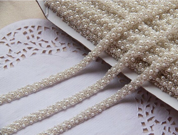 Silver & Ivory Pearl Beaded Lace Trim Beads Trimming for  display picture 1