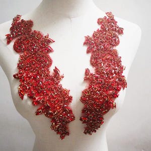 Exquisite Red Rhinestone Applique, Crystal Beaded Lace Applique Pair ...
