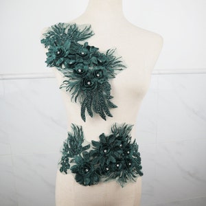 Green 3D Lace Applique, emerald green beaded shoulder applique for collar bodice sash Lyrical Dance Ballet Gowns supplies Embellishment