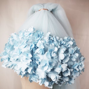 light blue 3D flowers ruffled tulle lace fabric, single side 3D faric bridal wedding gown accessories sewing