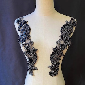 exquisite handmade black rhinestone applique, sparkly crystal beaded lace applique pair for bridal sash headpiece bodice accessories