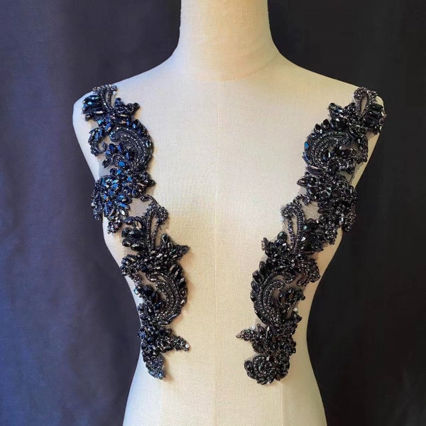 exquisite handmade black rhinestone applique, sparkly crystal beaded lace applique pair for bridal sash headpiece bodice accessories