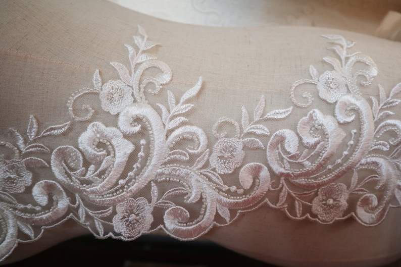 Delicate Beaded Lace Trim French Alencon Lace Trim Applique Etsy